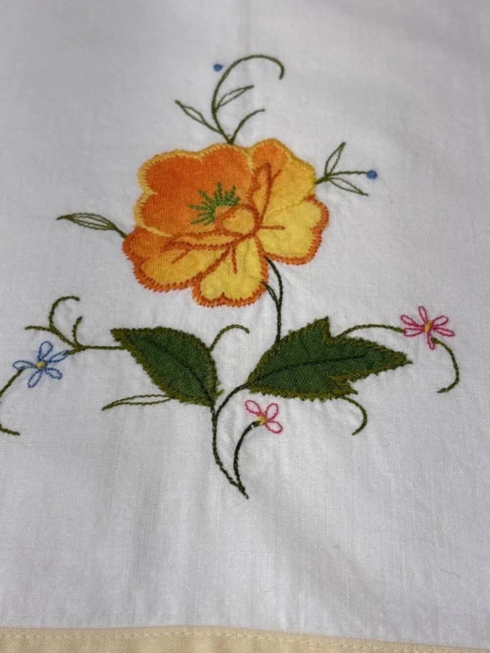 Embroidered Floral White Cotton Dish Towel Yellow Edge 20